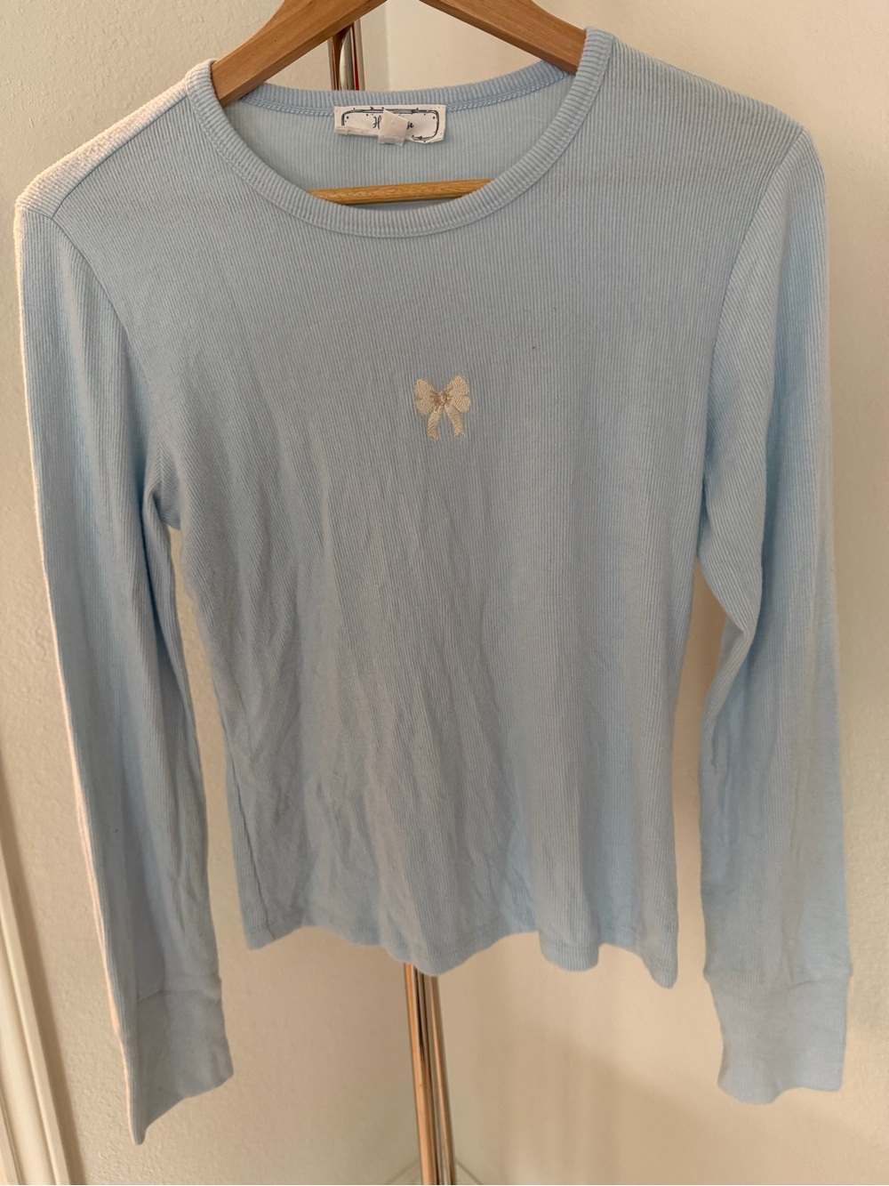 Hippie Rose Light Blue Ribbed Long Sleeve Top with Embroidered Bow